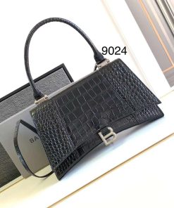Design BALENCIAGA Shiny Calfskin Crocodile Embossed Medium Hourglass Top Handle Bag Dark Grey for women